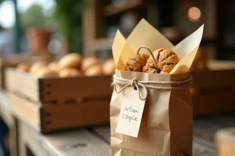Petit sac en kraft posé sur un étal de marché artisanal avec des biscuits emballés et une étiquette en ficelle naturelle