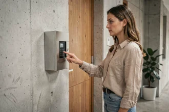 Femme entrant un code sur une boîte à clé sécurisée fixée à la porte d'un appartement Airbnb
