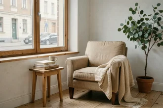 Coin lecture cosy aménagé près d'une fenêtre avec un fauteuil en lin, un plaid en laine et une petite table en chêne dans un appartement de style scandinave