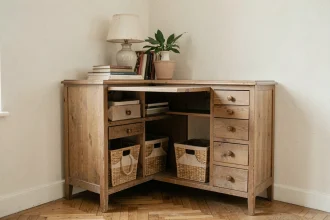 Meuble en bois vintage multifonction dans un coin de petit salon avec rangements et bureau escamotable