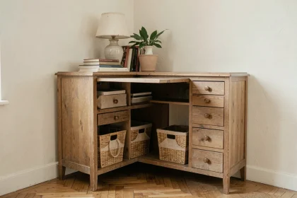 Meuble en bois vintage multifonction dans un coin de petit salon avec rangements et bureau escamotable