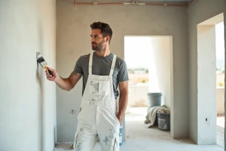 Peintre professionnel appliquant de la peinture blanche sur un mur en plâtre dans une maison neuve en construction