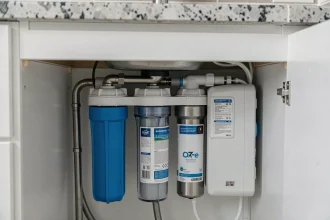 Système de filtration sous évier avec filtre à sédiments et osmose inverse installé dans une cuisine moderne