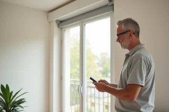 Homme examinant le panneau de commande d'un volet roulant Bubendorff en panne dans un salon moderne