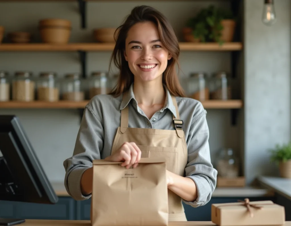 Jeune femme en tablier de lin pliant un petit sac en kraft dans une boutique zéro déchet au design minimaliste