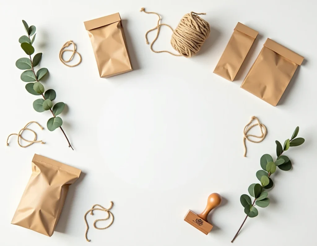 Vue de dessus d'un ensemble de petits sacs en kraft de différentes tailles avec eucalyptus séché et ficelle de chanvre sur fond de papier recyclé