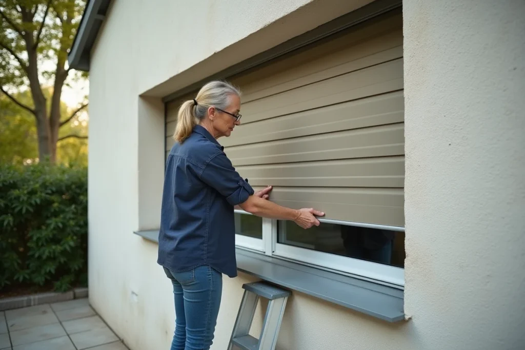 Femme inspectant le coffre d'un volet roulant Bubendorff en panne sur la façade d'une maison individuelle