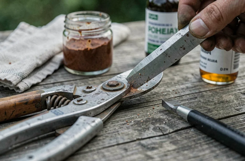 Affûtage d'un sécateur de jardin usagé avec une pierre à aiguiser, entouré d'accessoires d'entretien sur une surface en bois