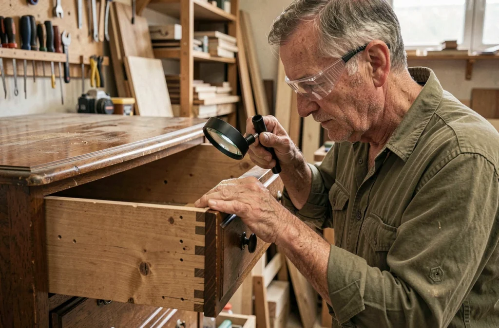 Artisan inspectant le dessous d'un tiroir de commode ancienne à la recherche de traces de capricorne des maisons