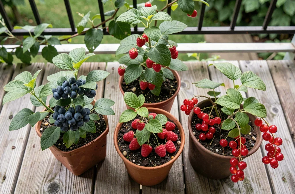 Assortiment de petits fruits rouges en pot sur un balcon en bois, framboisiers groseilliers et myrtilles