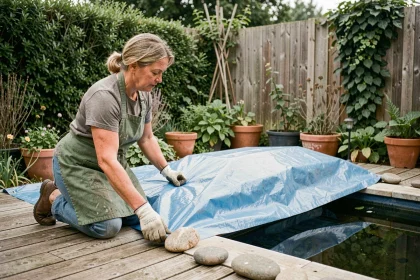 Femme posant une bâche de protection sur un bassin de jardin pour limiter l'évaporation de l'eau