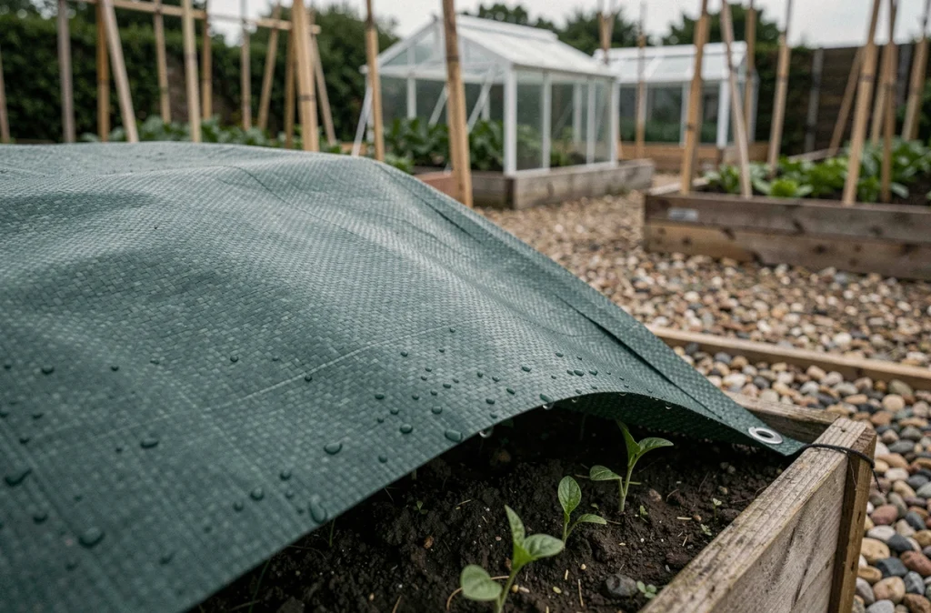 Gros plan d'une bâche tendue sur un potager surélevé avec condensation visible limitant l'évaporation de l'eau du sol