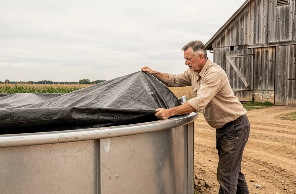 Agriculteur installant une bâche agricole sur un réservoir d'eau pour réduire l'évaporation en milieu rural