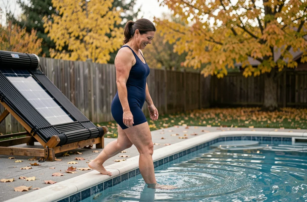 Femme profitant d'une piscine chauffée par énergie solaire en automne grâce à un système de prolongation de saison