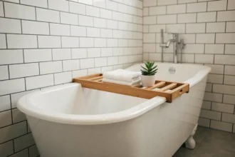 Baignoire autoportante compacte de 140 cm dans une petite salle de bain moderne avec carrelage métro blanc