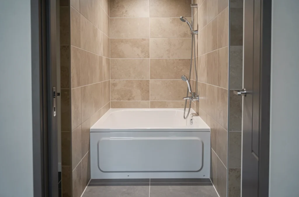 Baignoire encastrée de 150 cm dans une alcôve de salle de bain étroite avec carrelage beige et gris