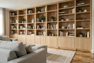 Bibliothèque murale intégrée du sol au plafond en chêne clair optimisant l'espace d'un salon moderne avec canapé en lin gris