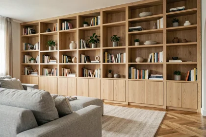 Bibliothèque murale intégrée du sol au plafond en chêne clair optimisant l'espace d'un salon moderne avec canapé en lin gris