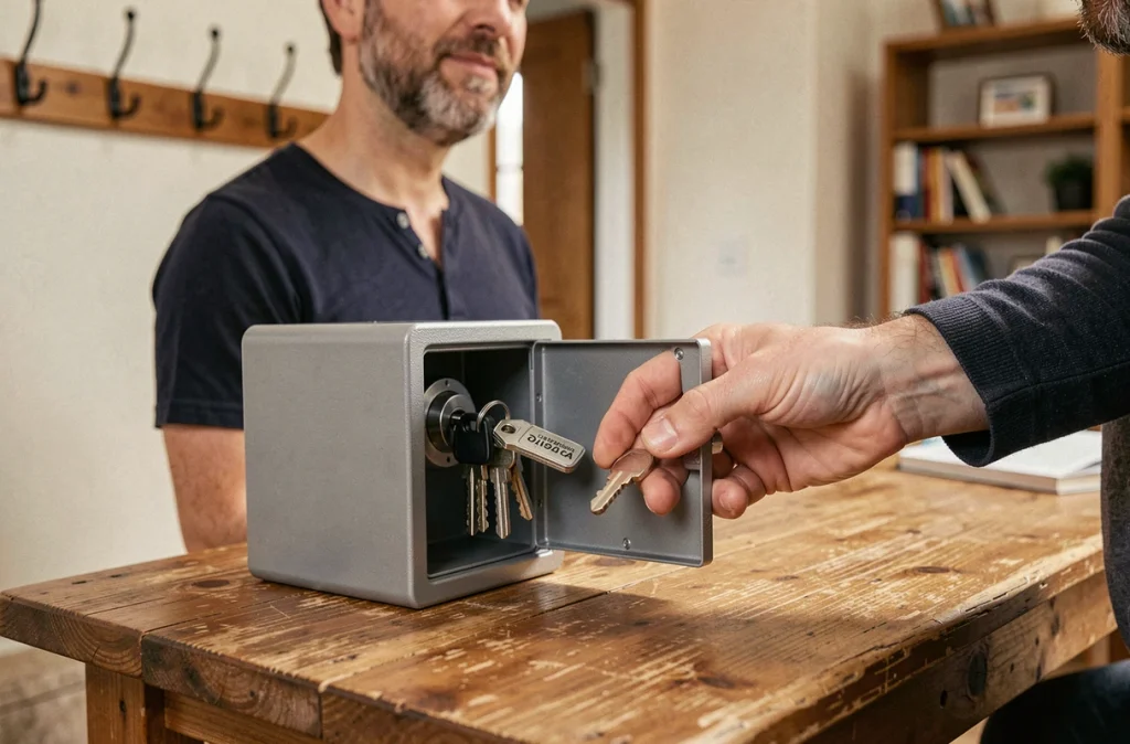 Boîte à clé à code ouverte avec des clés d'appartement à l'intérieur posée sur une table en bois