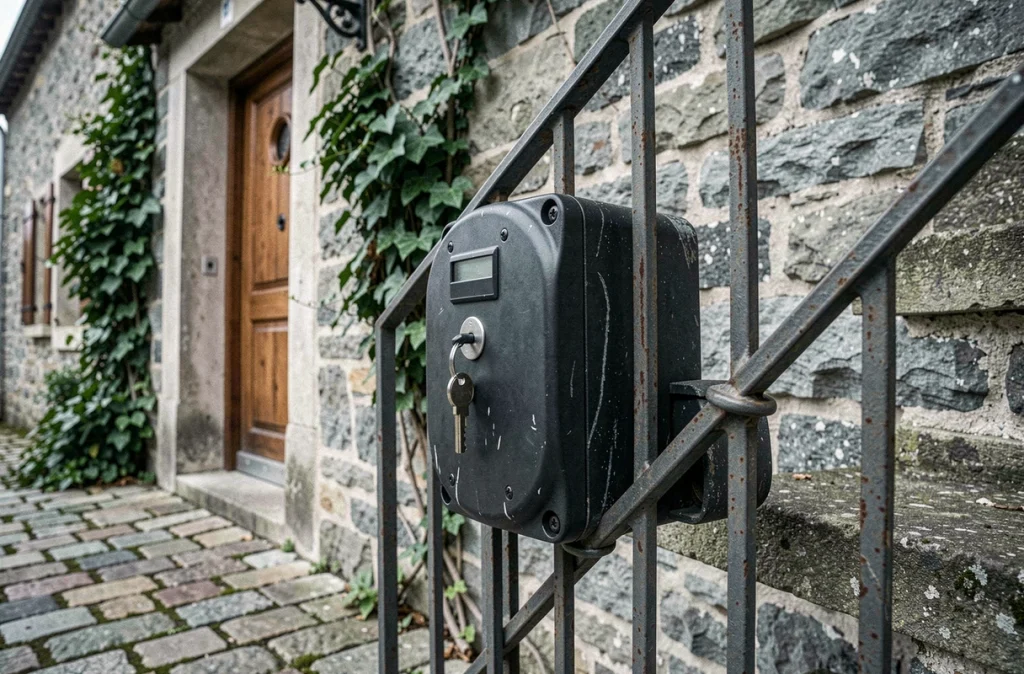 Boîte à clé sécurisée accrochée à une rambarde métallique devant une propriété de location en pierre