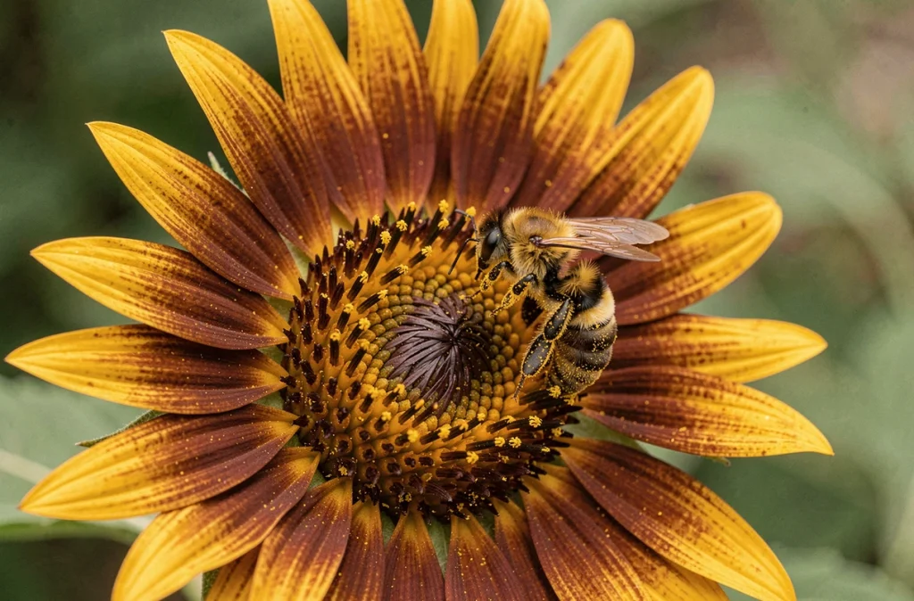 Gros plan d'un bourdon butinant une fleur de tournesol avec du pollen visible sur son corps