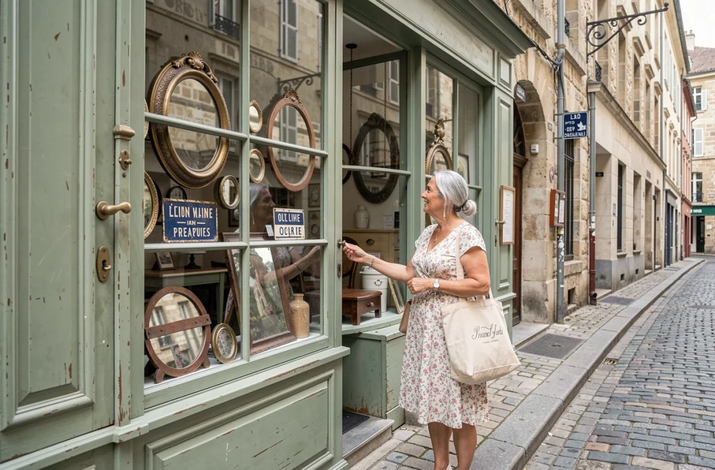 Boutique vintage et brocante de décoration dans le Vieux-Lyon avec façade en bois et objets anciens