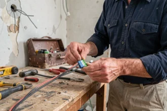 Électricien connectant deux fils électriques dans un bornier Wago 2 fils lors d'une rénovation