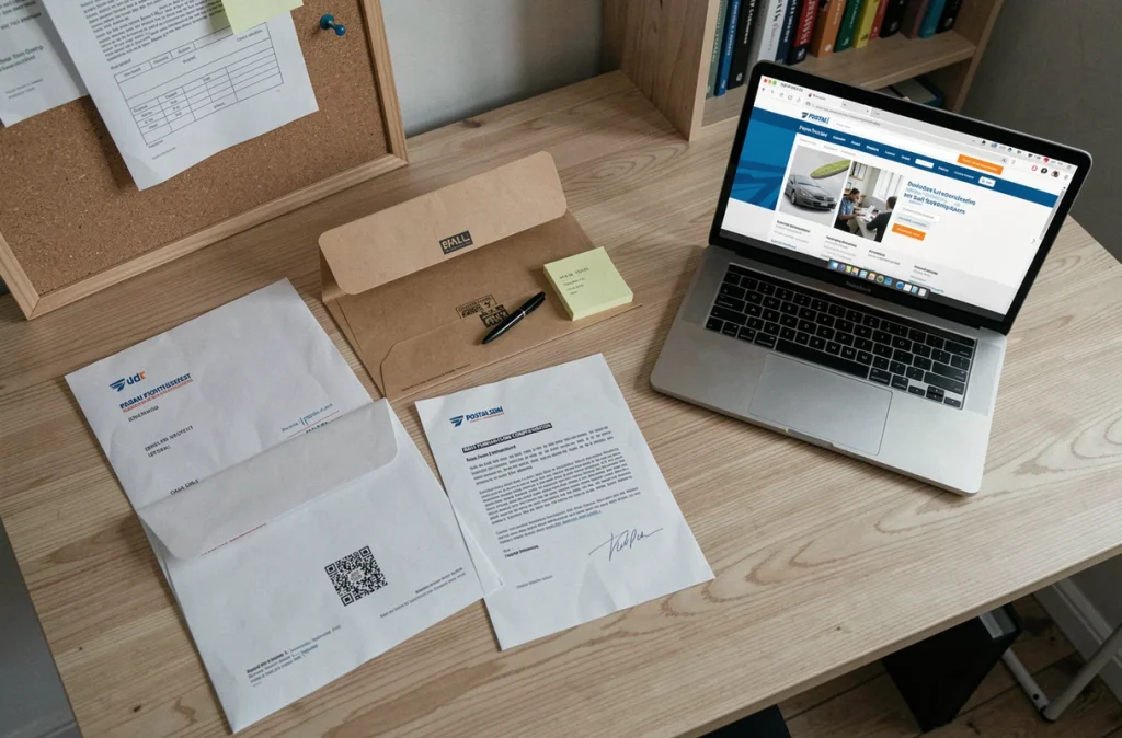 Bureau organisé avec documents de réexpédition postale et confirmation de changement d'adresse pour un déménagement