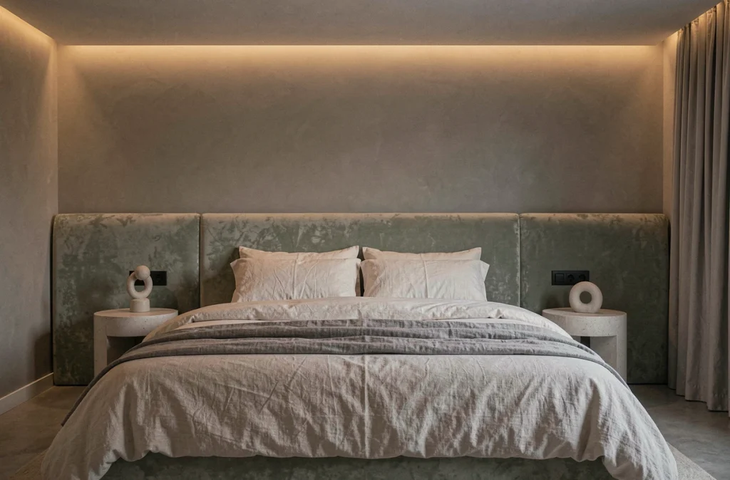 Chambre minimaliste moderne avec éclairage indirect en corniches au plafond diffusant une atmosphère douce et reposante