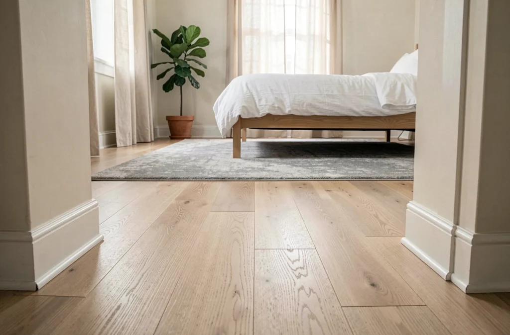 Chambre avec parquet flottant blond fraîchement posé, plinthes blanches et décoration minimaliste