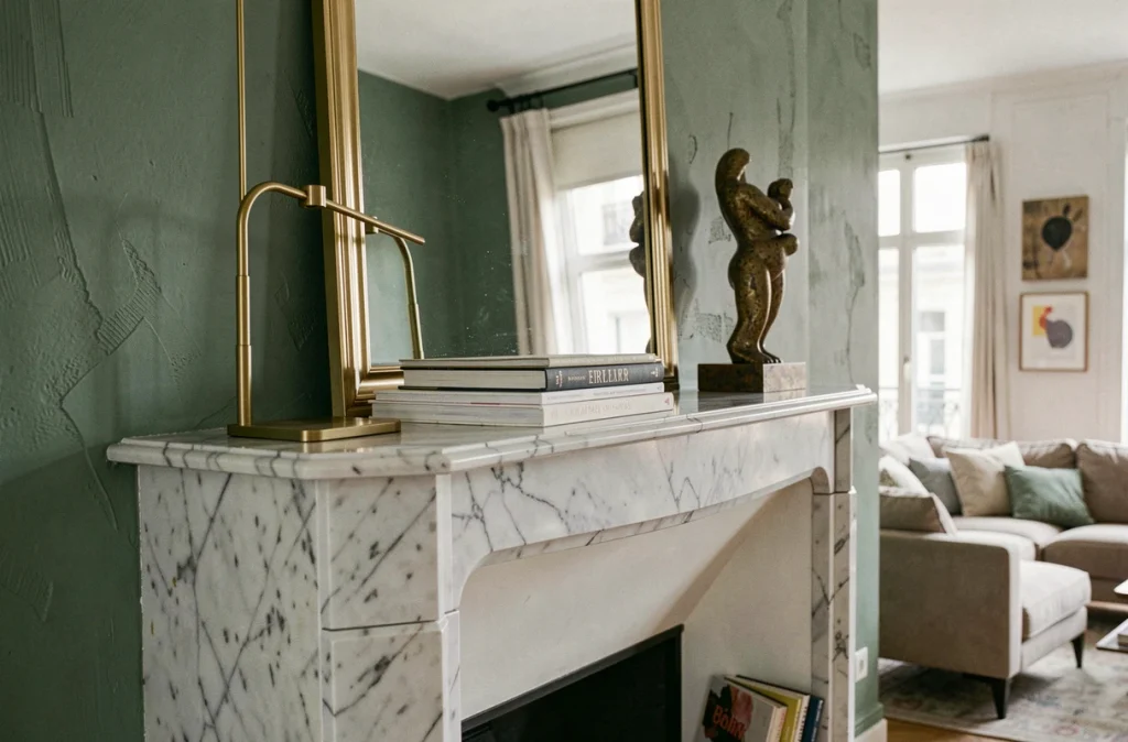 Cheminée en marbre décorée avec des accessoires en laiton brillant et patiné dans un appartement parisien au style contemporain