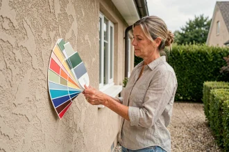 Femme comparant des nuanciers de couleurs de façade sur un mur en enduit, pour choisir la teinte idéale de sa maison
