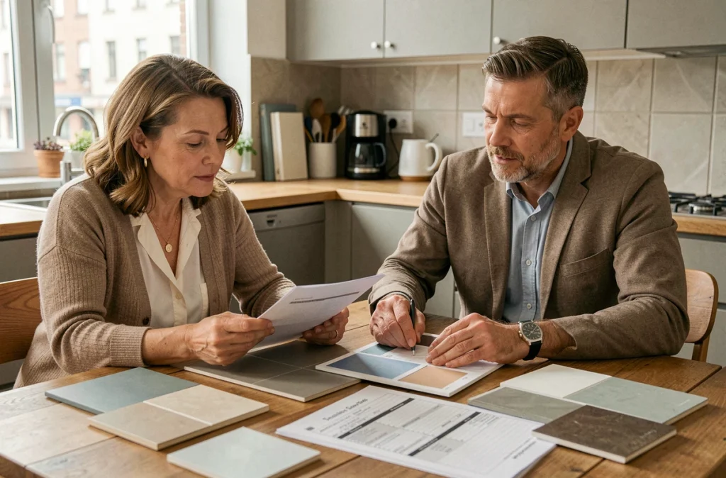 Couple comparant des échantillons de carrelage et un budget de rénovation de salle de bain à la maison