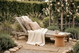 Coin détente au jardin avec chaise longue en teck, coussins en lin et pierres naturelles entourées de lavande et d'herbes ornementales
