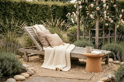 Coin détente au jardin avec chaise longue en teck, coussins en lin et pierres naturelles entourées de lavande et d'herbes ornementales