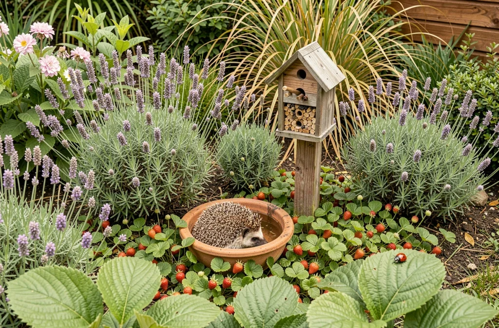 Coin de jardin écologique avec hôtel à insectes, coupelle d'eau pour hérissons et plantes favorables à la biodiversité