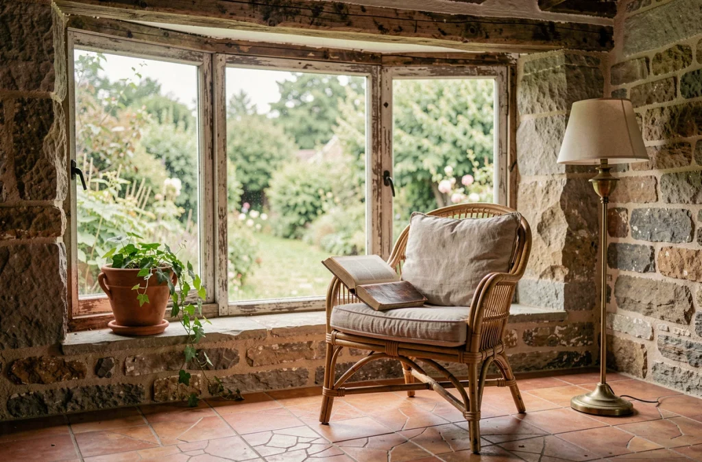 Coin lecture rustique avec fauteuil en rotin et coussin en lin près d'une fenêtre en pierre dans un cottage de campagne
