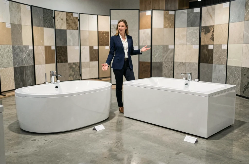 Comparaison de longueurs de baignoires en showroom, modèle compact 120 cm et modèle standard 170 cm côte à côte
