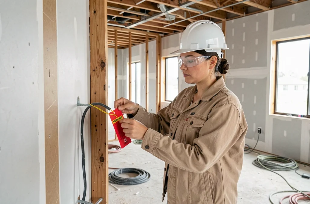 Ouvrière posant un cadenas de consignation sur un câble électrique dans un chantier de construction