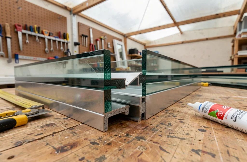 Gros plan sur la coupe transversale d'une fenêtre double vitrage montrant la lame d'air isolante sur un établi d'atelier