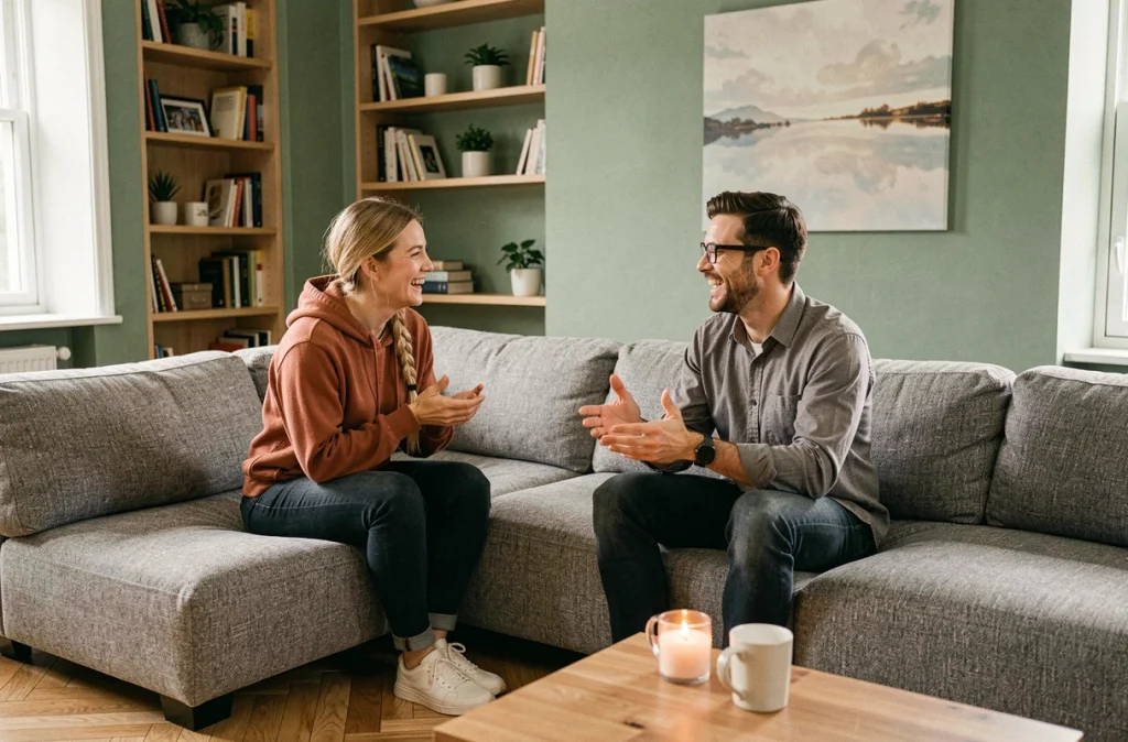 Couple souriant en conversation sur un canapé modulable en U dans un salon familial chaleureux
