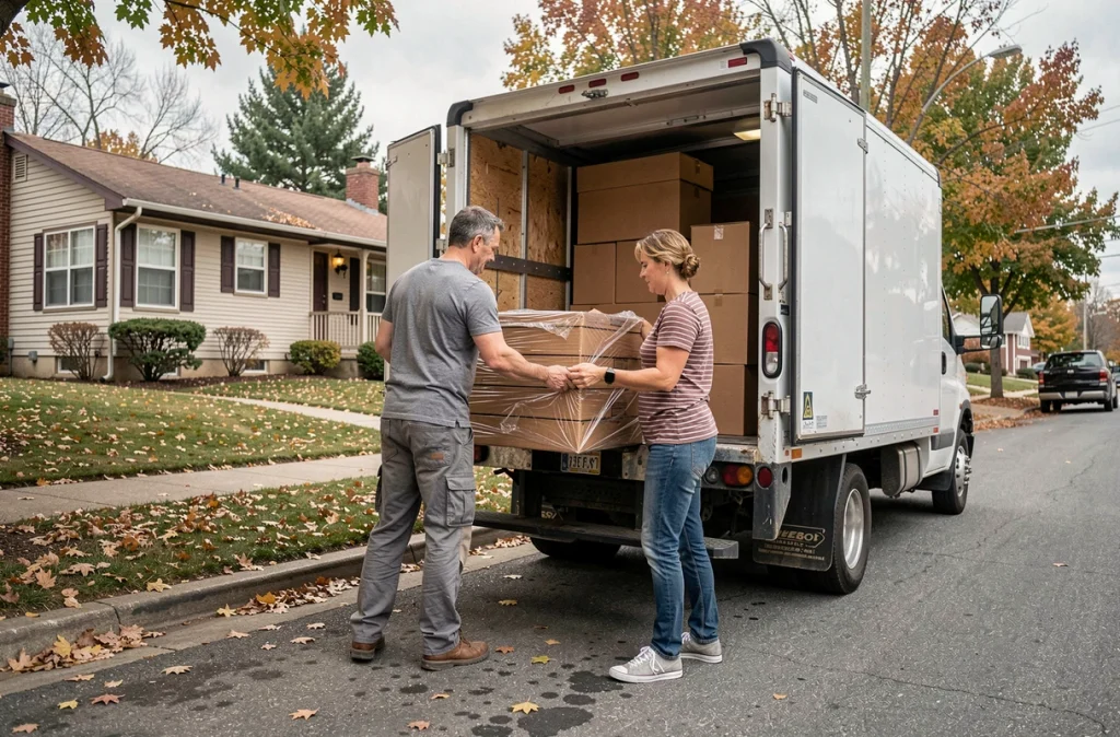 Couple chargeant des meubles et cartons dans un camion de déménagement devant une maison en automne