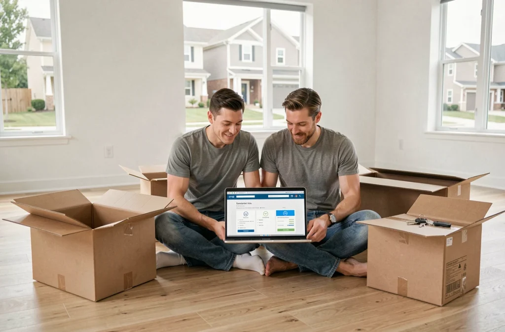 Couple comparant des offres d'assurance habitation sur un ordinateur portable dans leur nouveau logement vide