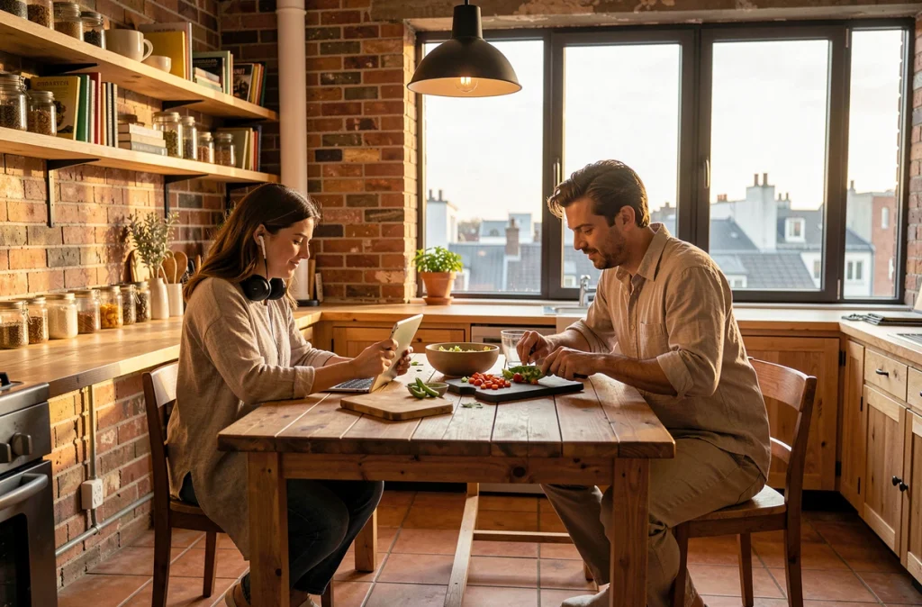 Couple partageant un espace cuisine entre travail à distance et préparation du repas, illustrant la cohabitation harmonieuse de la vie professionnelle et personnelle au sein du foyer