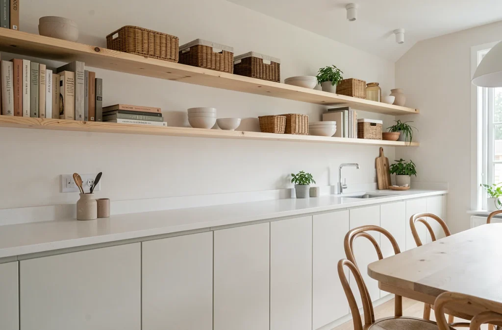Vue grand angle d'une cuisine ouverte scandinave avec étagères en bouleau clair, livres de cuisine et vaisselle blanche
