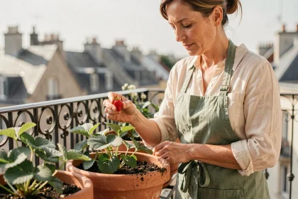 Femme soignant des fraisiers en pot sur un balcon urbain avec des jardinières en terre cuite