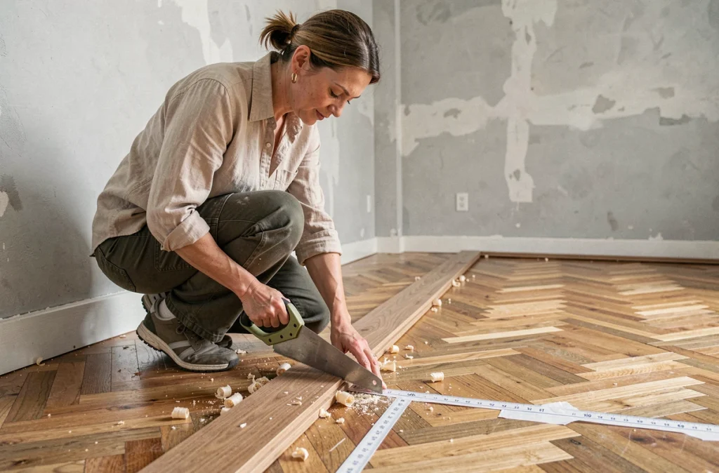 Femme découpant une lame de parquet flottant à la scie dans une chambre en cours de rénovation