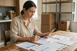Femme consultant des documents de fournisseur d'énergie lors d'un déménagement dans un appartement partiellement vidé