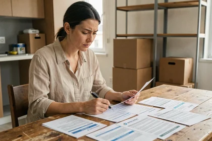 Femme consultant des documents de fournisseur d'énergie lors d'un déménagement dans un appartement partiellement vidé