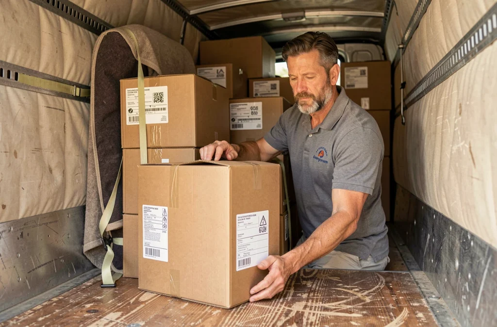 Déménageur professionnel organisant méthodiquement des cartons étiquetés à l'intérieur d'un camion de déménagement bien équipé